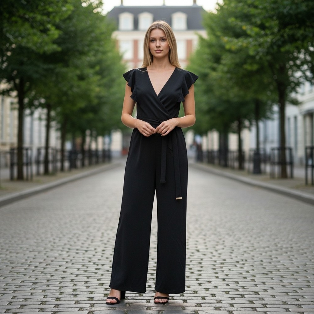 Tommy Hilfiger Jumpsuit Womens 6 Black Flutter Sleeve Wrap Belted‎ Wide Leg